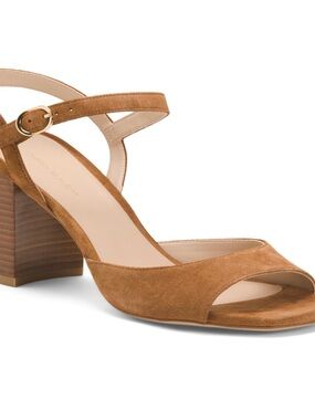Stuart Weitzman Suede Open-Toe Block Heel Sandals in Cognac Brown